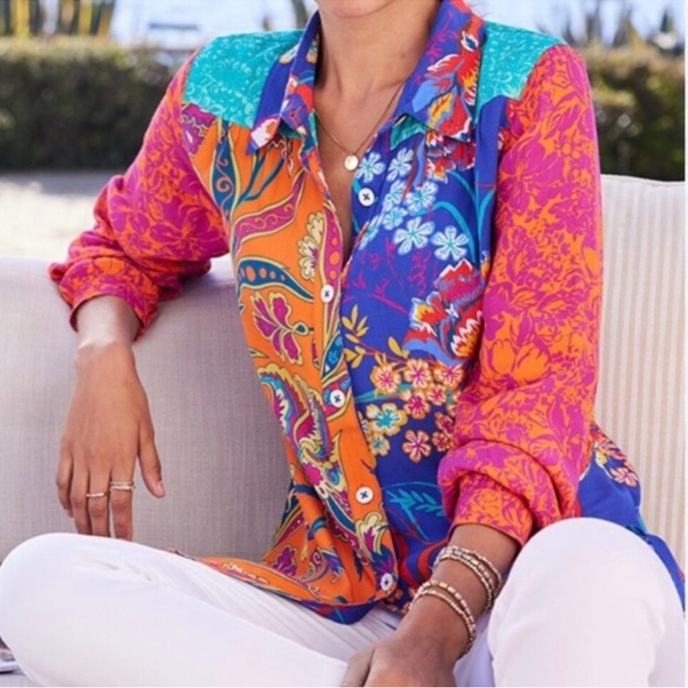 NWT Soft Surroundings Hermosa Tunic Button Down Top Blouse Mixed Prints Size Med